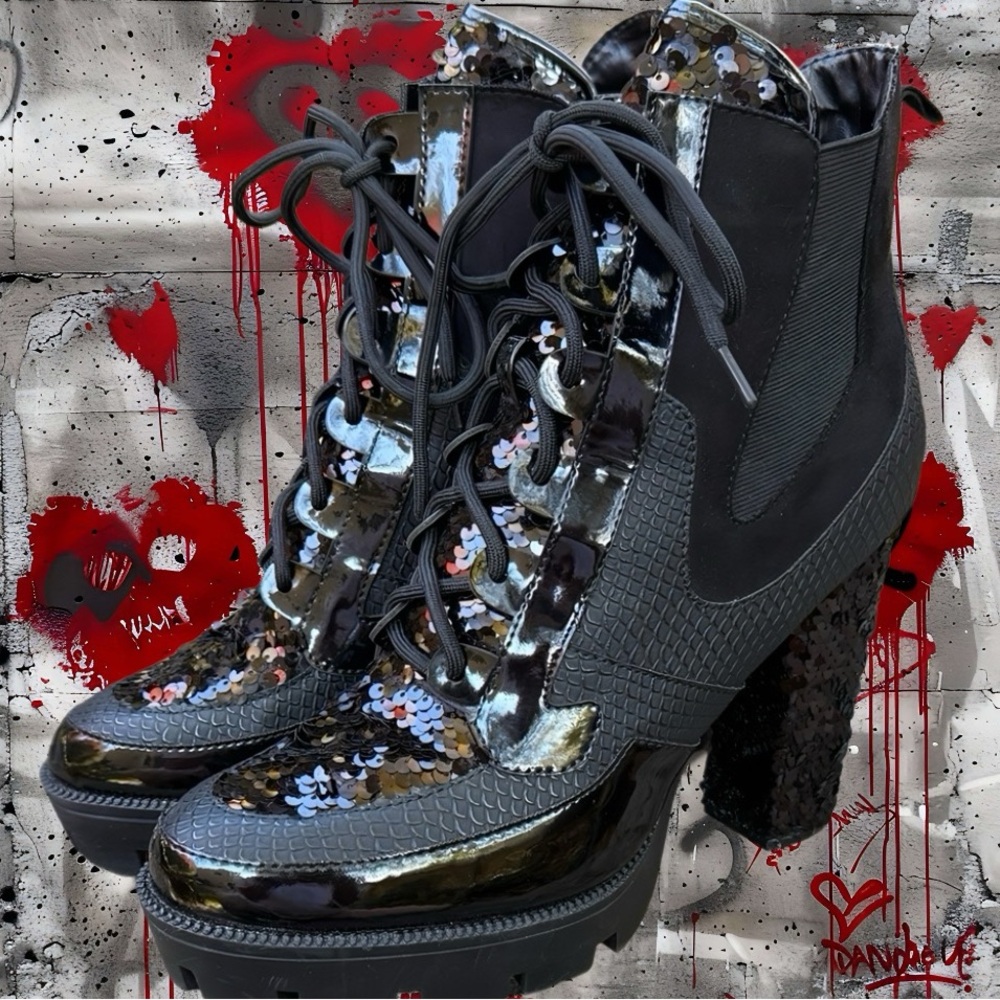 CAPE ROBBIN BLACK PLATFORM SEQUINED CHUNKY HIGH HEEL ANKLE BOOTS -11 - NEW !🖤🔥✨